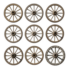 Fototapeta premium Set of old wooden wagon wheel spokes on isolated transparent background