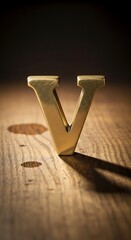 Metal letter V casts a shadow on a wooden surface.