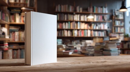 Blank book cover in library with wooden table