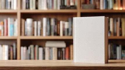 Blank book cover on wooden table with library background