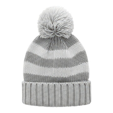 Gray and white striped knit beanie with pom pom on top isolated on transparent background