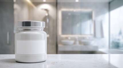 White Supplement Bottle on Bathroom Counter