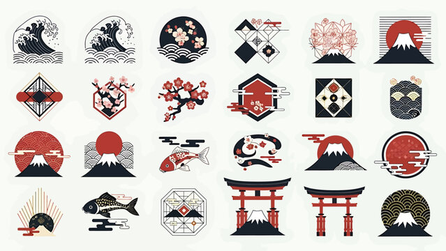 Aesthetic Japanese Culture Vector Icon Collection for Digital Design Projects, featuring Traditional Symbols like Mount Fuji, Cherry Blossoms, Koi Fish, and Elegant Wave Patterns