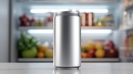Blank Aluminum Can on Table with Open Fridge Background