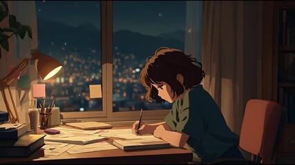 Focused student girl diligently studying at her cozy desk by the window during a peaceful night, illuminated by a warm lamp and distant city lights