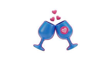 3D Couple of blue wine glasses toasting with hearts on transparent background