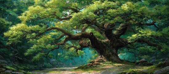 Lush old tree with thick branches in a forest clearing