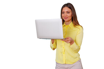 Fototapeta premium Woman presenting laptop, engaging in online communication with clients or colleagues, using technology for professional remote work
