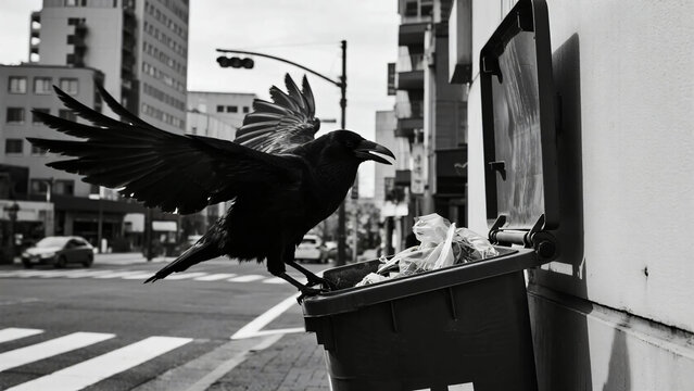 Crows scavenging for food waste in the city streets. Crows flapping their wings.