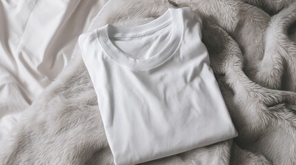 Plain white t-shirt folded on soft blanket