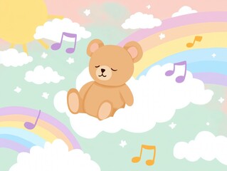 Pastel colors cartoon illustration a sleepy bear, fluffy white clouds, rainbows, sun and music notes around, can be used as background for kids web or mobile application