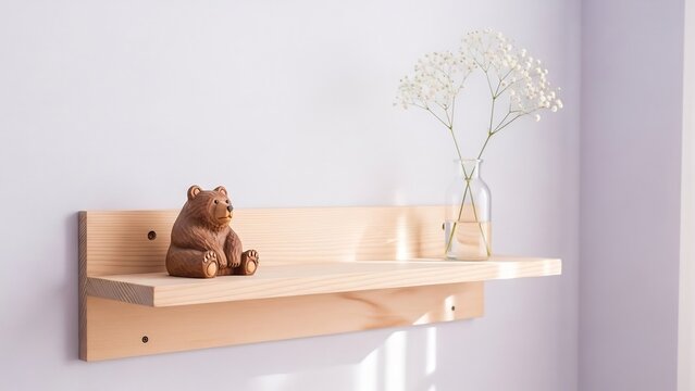 木の棚の上に置かれたクマの置物と花瓶が、静かに佇む美しい空間