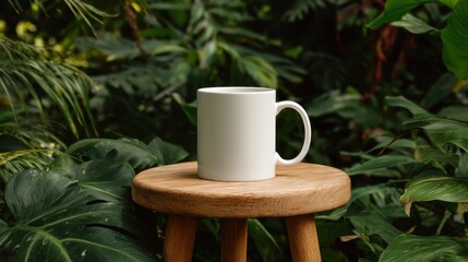 White Coffee Mug on Wooden Stool in Jungle