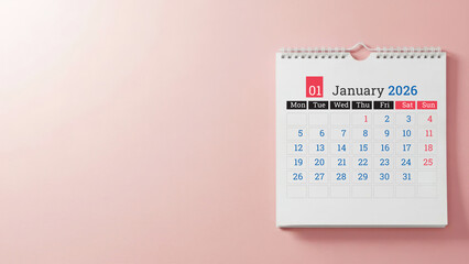 January 2026 wall calendar on pastel pink background with copy space