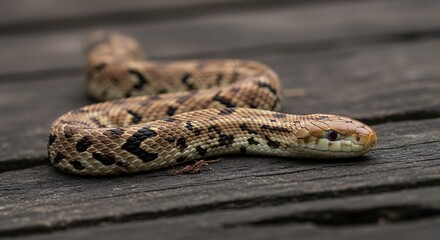 A patterned reptile slithers across weathered wooden planks.
