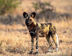 Wild dog with mottled fur stands alert in golden grass in a sunny, natural environment