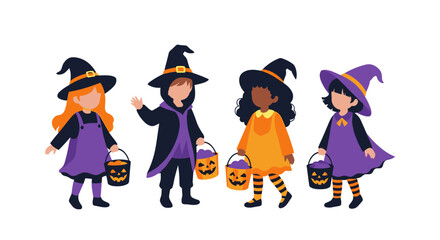 Children in Halloween costumes trick or treating with candy buckets.