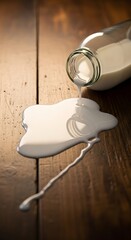 Milk spills from an overturned glass bottle onto a wooden surface.