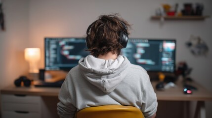 Creative editor working on computer monitors late at night