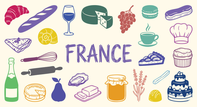 France Icon Set. French Cuisine. A hand drawn vector collection of croissant, wine, cheese, baguette, macaron and pastry for a bakery menu, Paris travel guide, and food illustration.