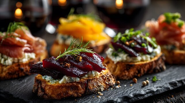 Gourmet tapas appetizers on a slate platter with toasted bread with beet and toppings and glasses of red wine in the blurred background setting. - Powered by Adobe