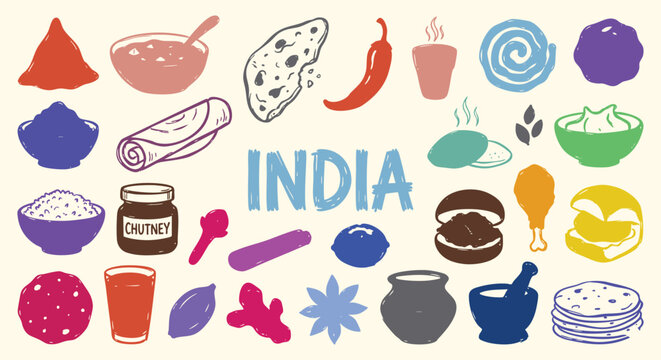 India Icon Set. Indian Cuisine. A hand drawn vector collection of samosa, curry, naan, spices, chai tea and traditional snacks for a restaurant menu, travel guide, and cultural brochure.