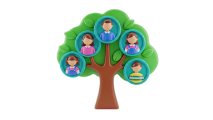 3D Family Tree with 3D Cartoon People Icons on transparent background
