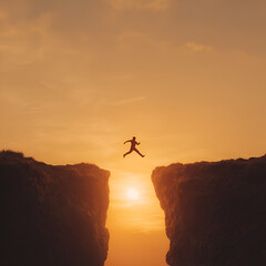 Runner leaping over chasm at sunset