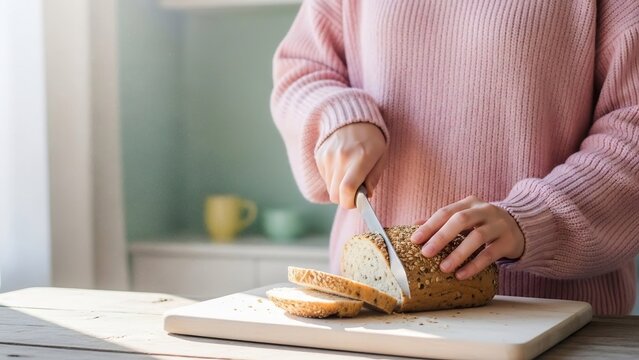 美味しそうなパンを丁寧に切る女性、朝食の準備がとても楽しみです。