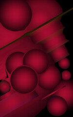 Abstract 3D dark red spheres and geometric layers on black background.