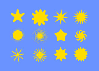 Set of shiny yellow color stars of different shapes. Festive holiday decoration element, blue background for New Year, Christmas, birthday party design.