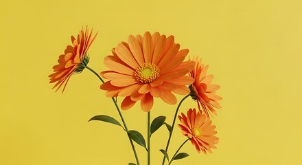 Orange daisies with green stems on a yellow background.