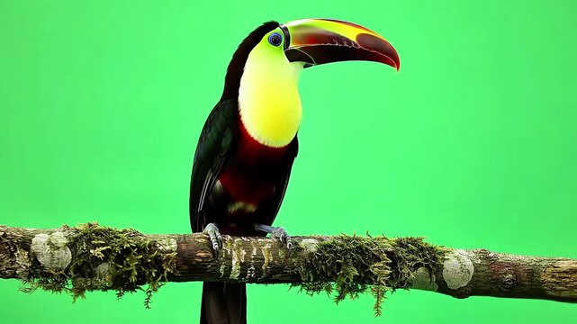 Toco toucan bird sitting on a branch on the middle point in pure clean green chromakey background