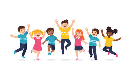 Happy diverse group of children jumping together.