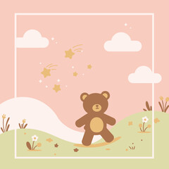 A cute cartoon teddy bear standing on a green hill under a pink sky with clouds and shooting stars, in a gentle children's illustration style.