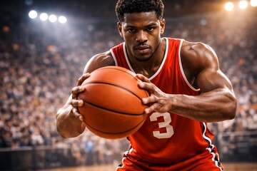 Focused professional basketball player in red jersey holding a ball ready to shoot in an indoor arena
