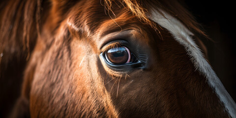 Extreme closeup of a brown horses eye and face with a white blaze, showing detailed fur texture and reflection in the dark eye, horse, horse eye