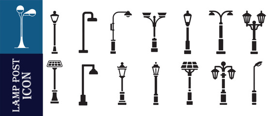 Obraz premium Set of lamp post icons in different styles including solar powered street light fixtures design