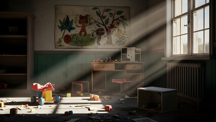 Abandoned Nursery Playroom with Sunlight Rays and Old Toys, Eerie Derelict Kindergarten Interior with Dust and Decay