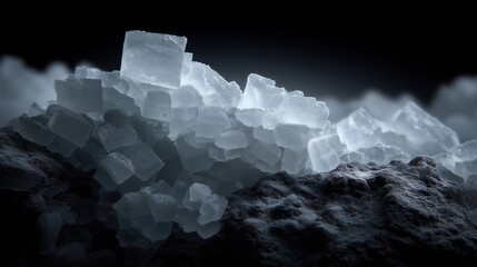 Macro shot of white salt crystals on dark rock surface with cinematic cold blue lighting