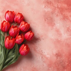 Top view of fresh red tulip flowers on vintage pink grunge background with copy space