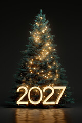 2027 Happy New Year celebration with golden numbers and decorated Christmas tree on festive background, modern holiday greeting card design for winter season celebrations and new year party decoration