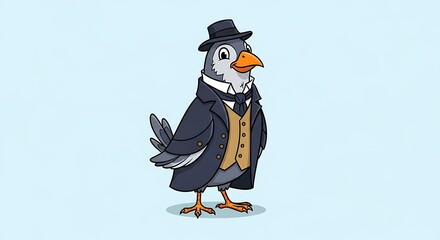 Dapper bird in a suit and hat stands against a light blue background.