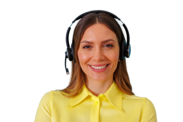 Smiling woman wearing headset providing excellent customer service, offering online technical support and communication assistance