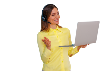Happy businesswoman wearing headset and talking, holding laptop, providing online customer support, transparent background