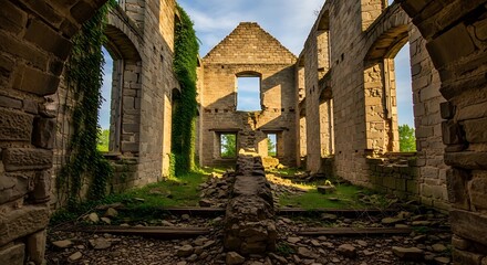 Old stone ruin with ivy and sunlight illuminates the interior.