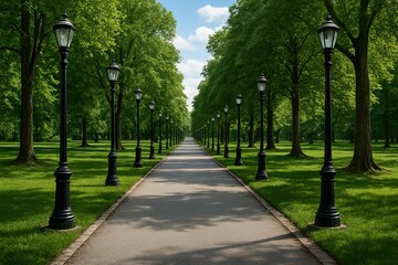 A long straight pathway lined with tall lamps inside a park, deep perspective and crisp edges.