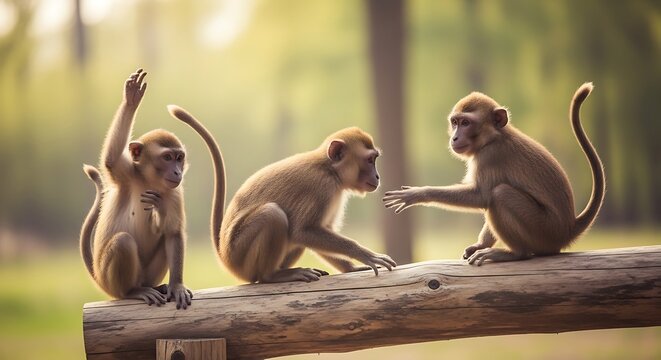 Three monkeys interacting on a wooden log with natural greenery background