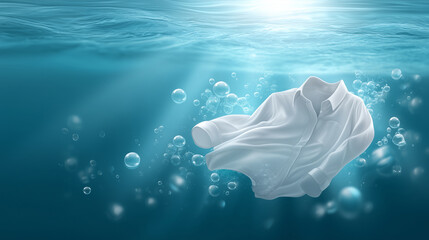 A conceptual underwater scene showing a clean white shirt floating freely beneath the water surface, surrounded by detergent bubbles and rising air pockets. The shirt appears weigh