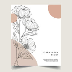 Elegant minimalist line art floral design with abstract pink shapes on a white background, featuring three outlined flowers and leaves for a modern aesthetic.